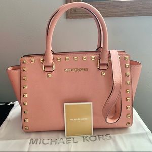 Michael Kors Selma Studded Saffiano Leather Satchel, Pink
